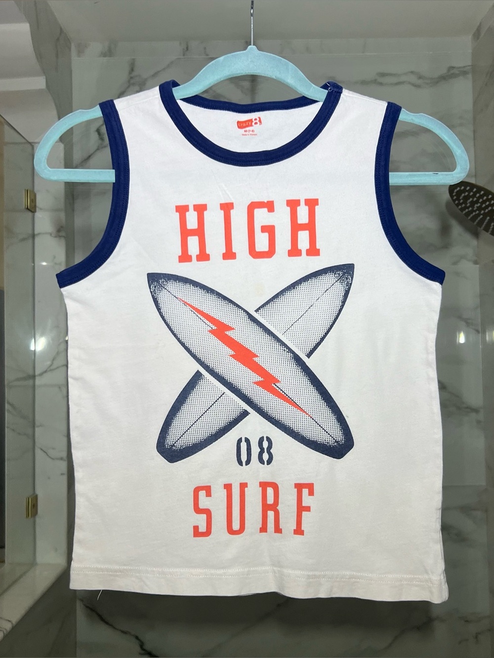 Crazy 8 White Tank Top with Navy Trim & Orange 'HIGH SURF' Graphic
